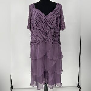 ADRIANNA PAPELL DUSTY PURPLE BEADED LACE SLEEVE RUFFLE TIERED SHEATH EVENT DRESS